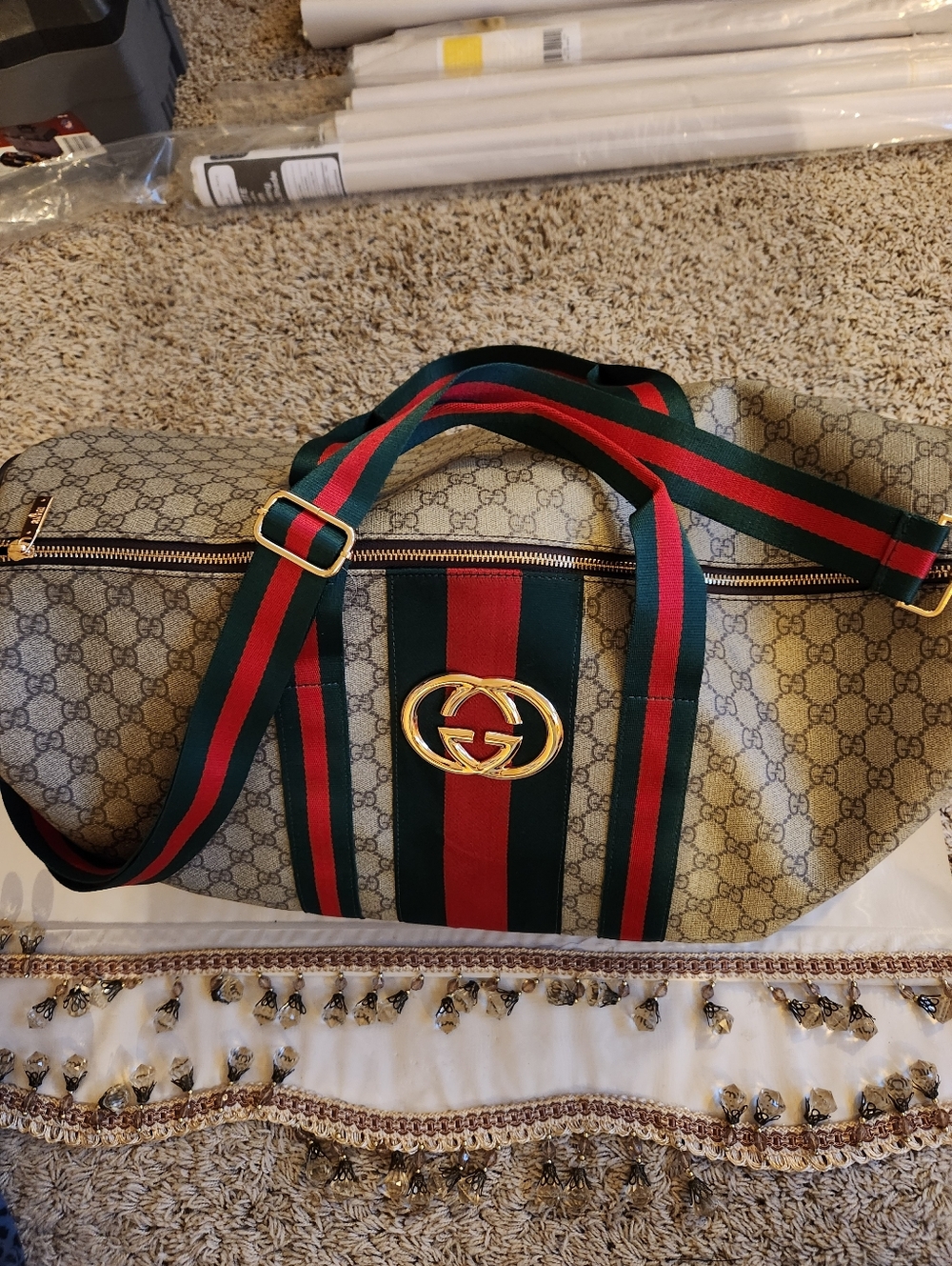 Gucci Beige GG Canvas Tote with Red and Green Web Stripe - Picture 6 of 6